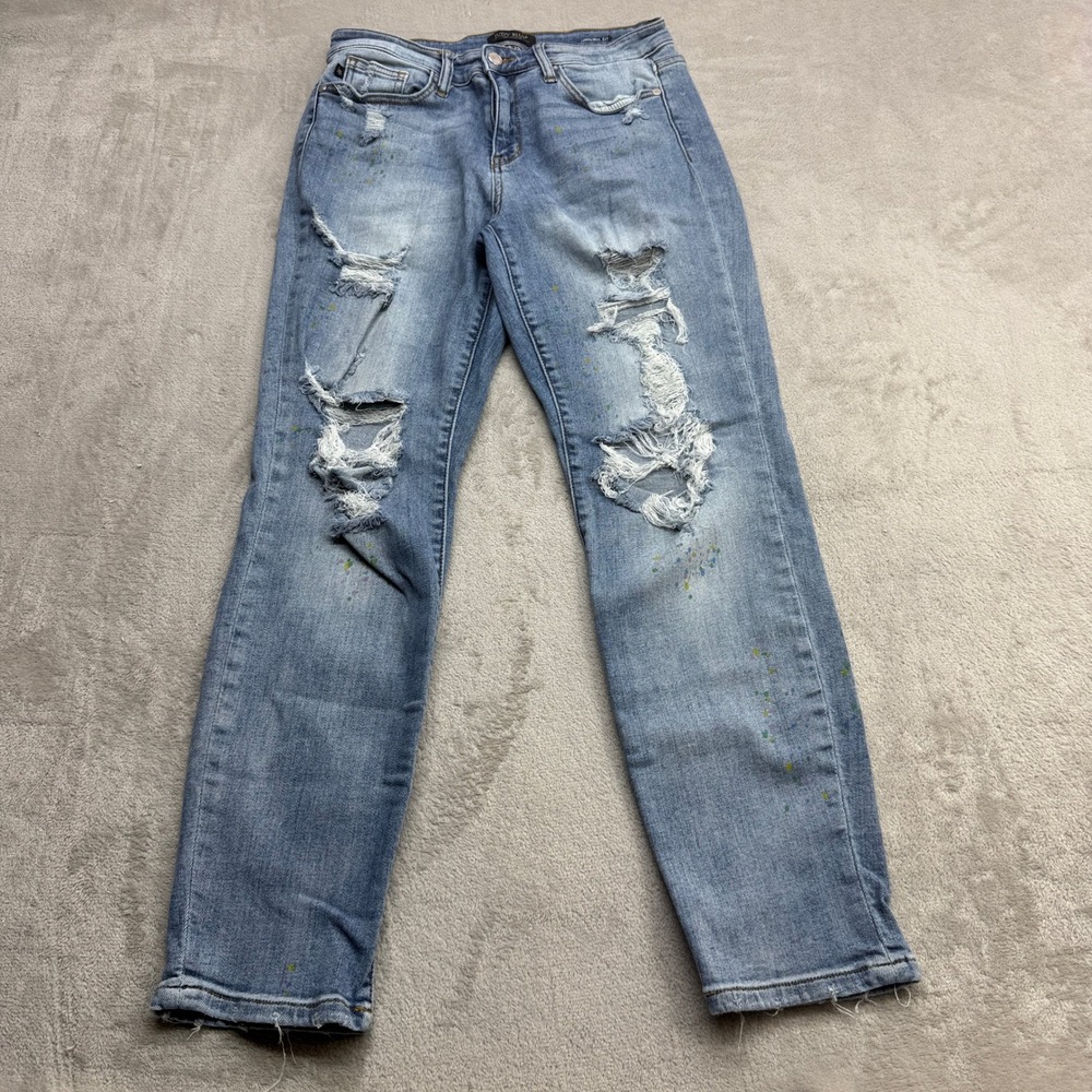 Judy Blue‎ Boyfriend Jeans Women's 9/29 Blue Distressed Paint Splatter Edgy Boho